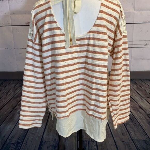 Doe Rae Shirt Womens Large Ivory Orange Striped Lace Boho Boxy Rayon Textured - Picture 8 of 12